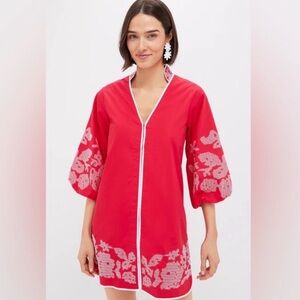Tuckernuck Red Embroidered V-Neck Puff Sleeve Dress